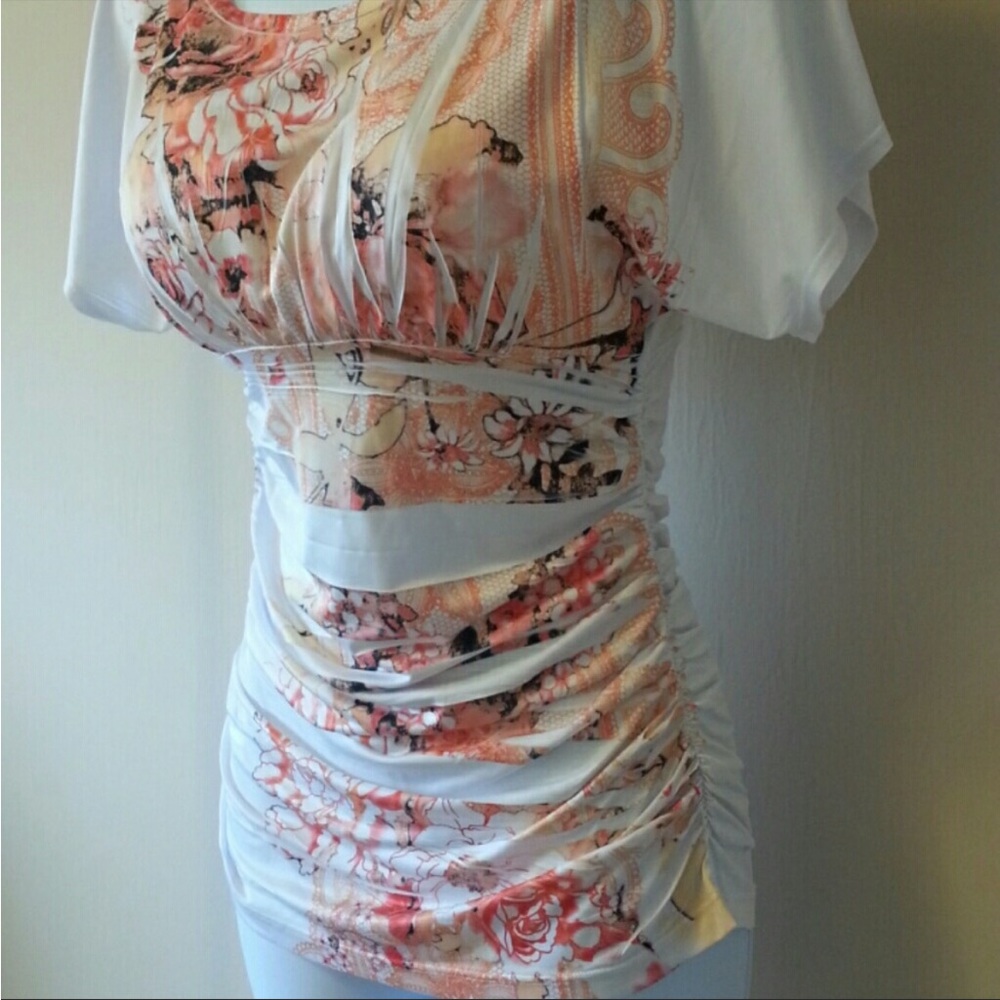 White & Orange, Floral print ruched blouse, small - Picture 2 of 4
